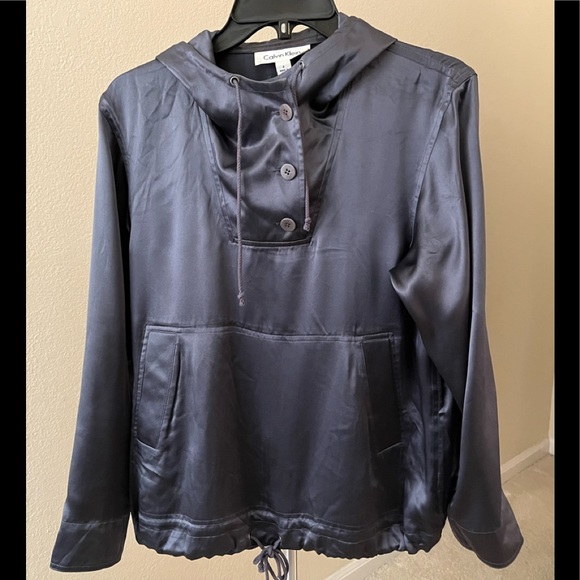 Calvin Klein hoodie w drawstrings in silk grey blue 3 button inset front panel - Picture 4 of 6